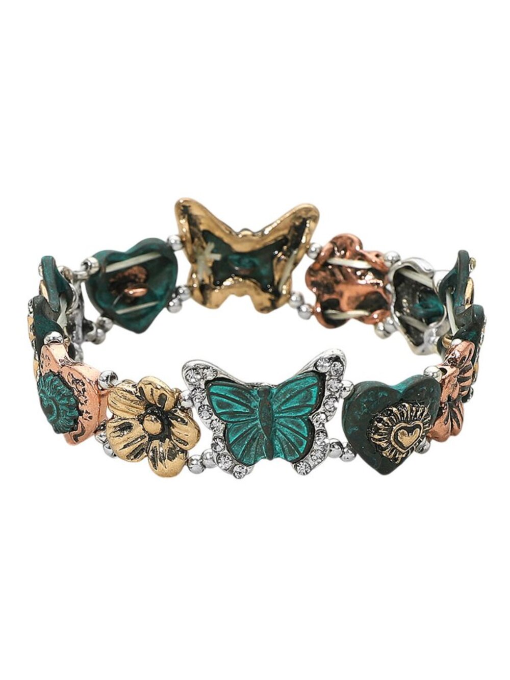 Tigerstars Vintage Crystal Butterfly Heart Floral Charm Beaded Stretch Bracelet